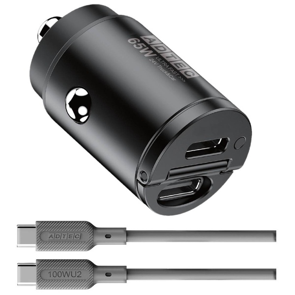 Power Delivery対応 シガーソケットタイプ充電器/65W/USB Type-C 2ポート/ブラック & 1m Type-C to Cケーブルセット