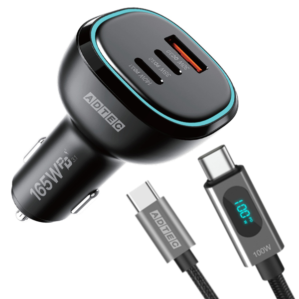 Power Delivery対応 シガーソケットタイプ充電器/165W/USB Type-A 1ポート Type-C 2ポート/ブラック & 1.2m LED Type-C to Cケーブルセット