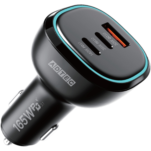 Power Delivery対応 シガーソケットタイプ充電器/165W/USB Type-A 1ポート Type-C 2ポート/ブラック