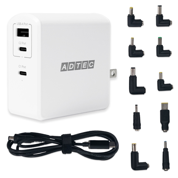 Power Delivery対応 GaN AC充電器/105W/USB Type-A 1ポート Type-C 2ポート/ホワイト & マルチプラグケーブルセット