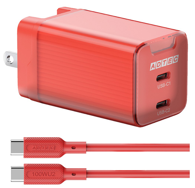 PD対応 AC充電器/GaN/65W/USB Type-C 2ポート/レッド＆Type-C to Cケーブルセット