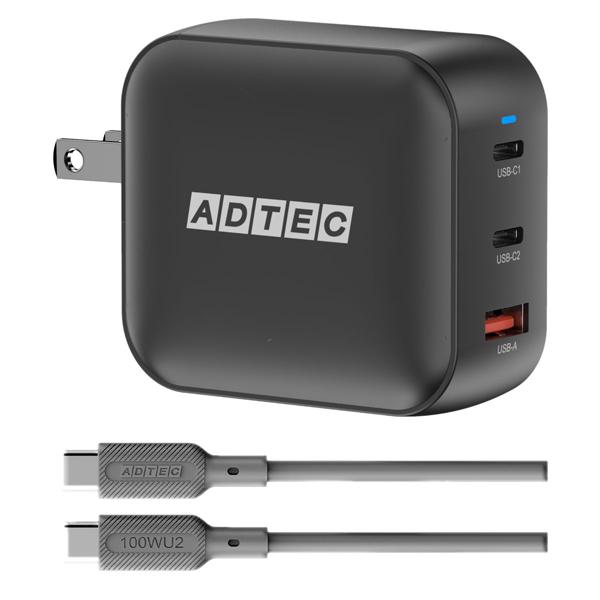 Power Delivery対応 GaN AC充電器/100W/USB Type-A 1ポート/Type-C 2ポート/ブラック & Type-C to Cケーブルセット