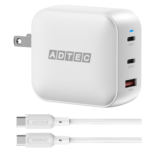 Power Delivery対応 GaN AC充電器/100W/USB Type-A 1ポート/Type-C 2ポート/ホワイト & Type-C to Cケーブルセット
