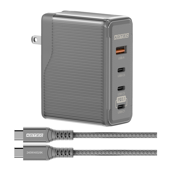 Power Delivery 3.1対応 GaN AC充電器/150W/USB Type-C 3ポート Type-A 1ポート/ブラック & Type-C to Cケーブルセット