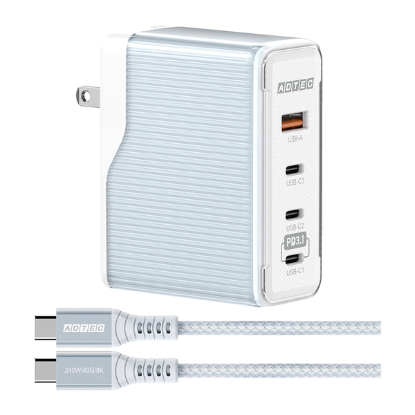 Power Delivery 3.1対応 GaN AC充電器/150W/USB Type-C 3ポート Type-A 1ポート/ブルー & Type-C to Cケーブルセット