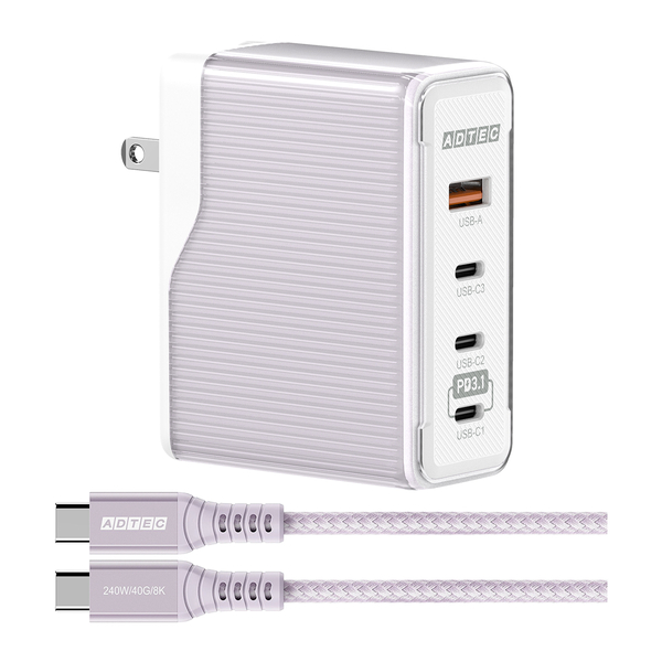 Power Delivery 3.1対応 GaN AC充電器/150W/USB Type-C 3ポート Type-A 1ポート/パープル & Type-C to Cケーブルセット