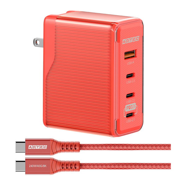 Power Delivery 3.1対応 GaN AC充電器/150W/USB Type-C 3ポート Type-A 1ポート/レッド & Type-C to Cケーブルセット