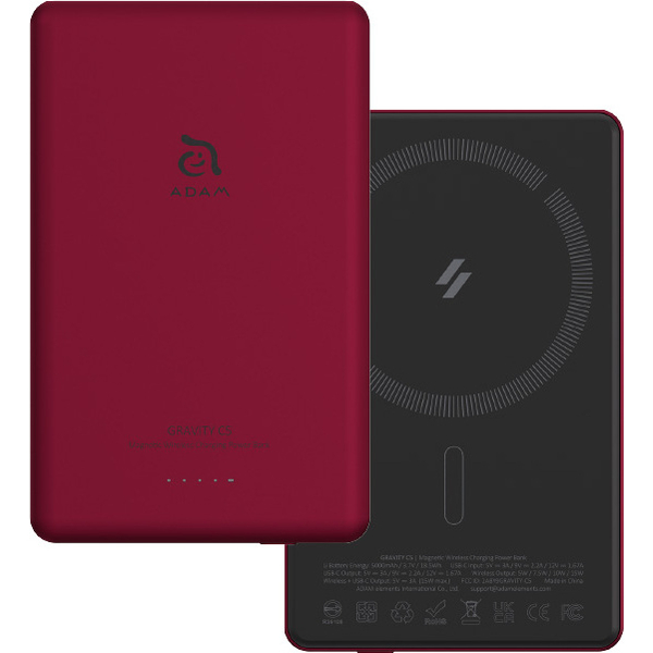 GRAVITY C5 MagSafe対応ワイヤレス充電 5000mAh 超薄型 モバイルバッテリー レッド