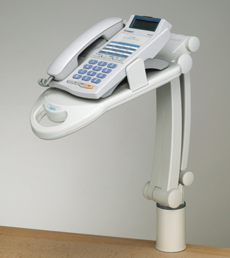 テレホンスタンドフレックス 適応電話機幅130～220mm、質量1kgまで アーム伸長327mm ベース回転範囲360° 最大クランプ取り付け幅60～20mm