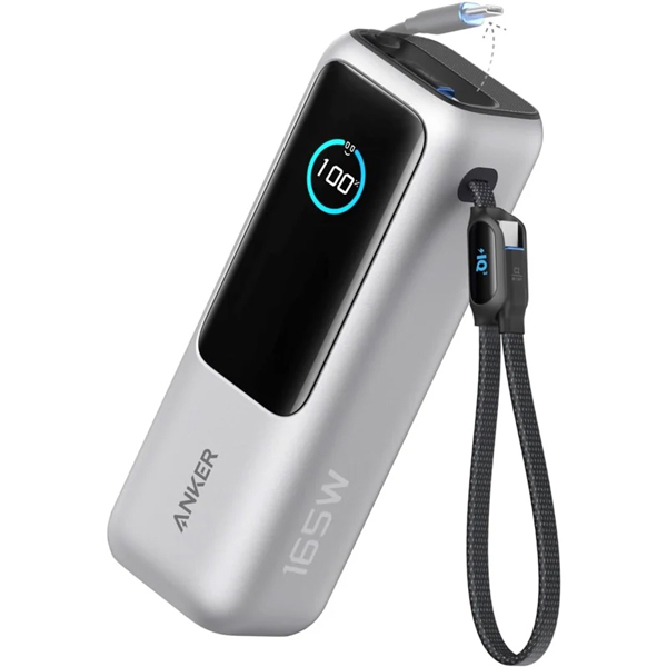 Anker Power Bank (25000mAh Built-In & 巻取り式USB-Cケーブル) シルバー