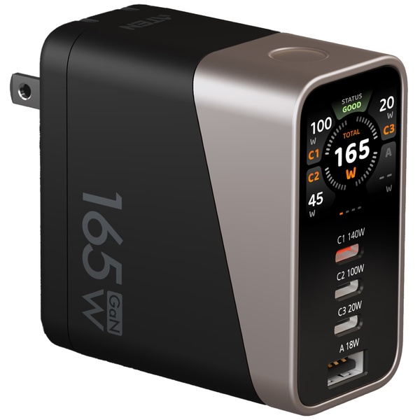 165W 4ポート PD3.1対応 折り畳み式電源プラグ スマートディスプレイ搭載急速充電器 (急速充電対応USBケーブル1本同梱)