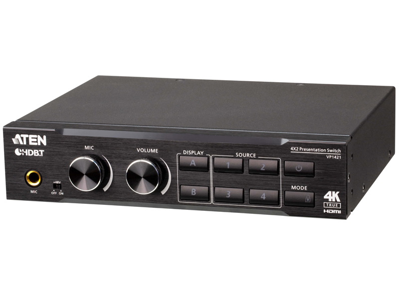 4入力2出力プレゼンマトリックススイッチャー（4K60p、スケーリング、DSP、HDBaseT-Lite対応）