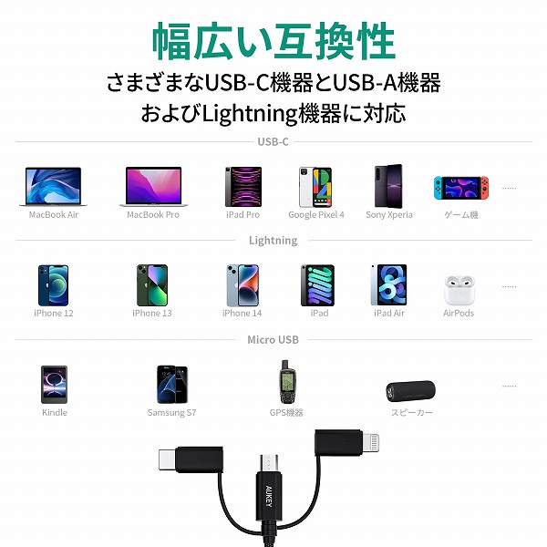 ケーブル Impulse 3-in-1 [USB Type-A to Lightning/USB Type-C/micro USB] 1m ブラック