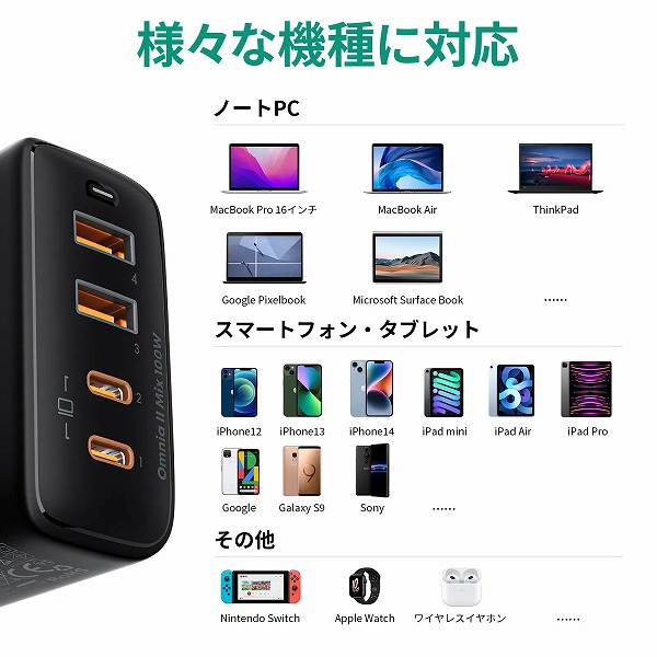 USB充電器 Omnia II Mix 100W PD対応 [USB-A 2ポート/USB-C 2ポート] ブラック