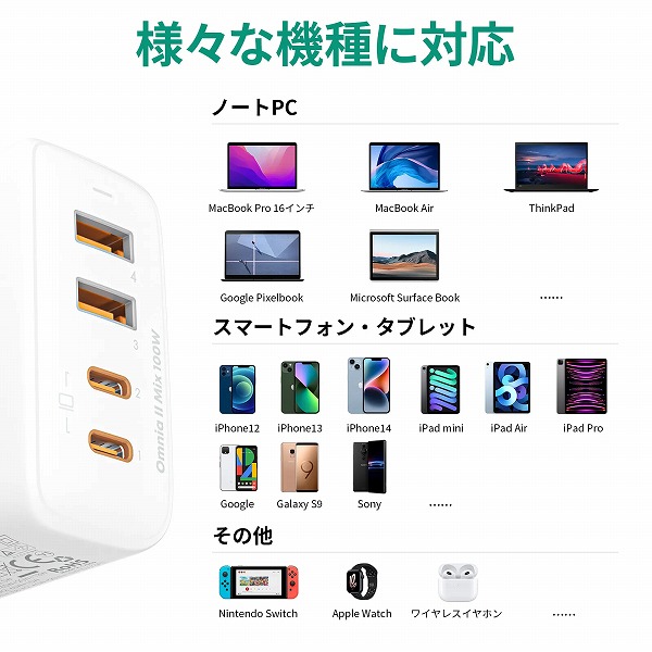 USB充電器 Omnia II Mix 100W PD対応 [USB-A 2ポート/USB-C 2ポート] ホワイト