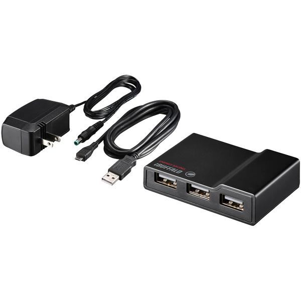 USB2.0 電源連動節電機能付きセルフパワー4ポートハブ ブラック