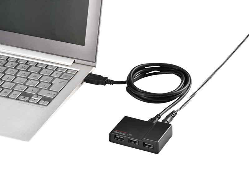 USB2.0 電源連動節電機能付きセルフパワー4ポートハブ ブラック