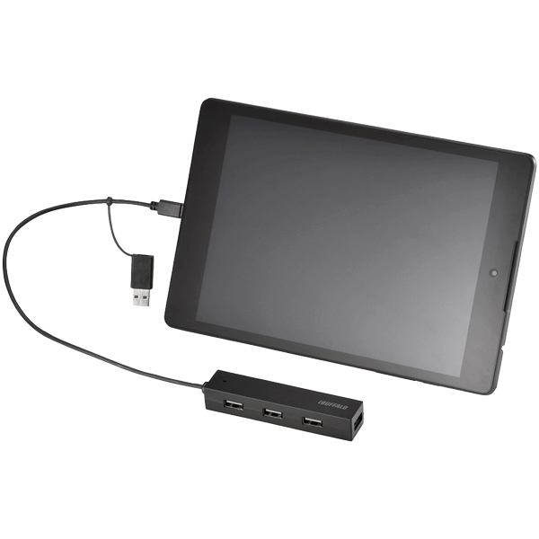 タブレット・スマホ用 USB2.0 4ポートハブ 変換コネクター付き ブラック