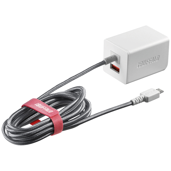 2.4A USB急速充電器 AutoPowerSelect機能搭載 microUSB急速ケーブル一体型タイプ 1.8m/自動判別USBx1 ホワイト