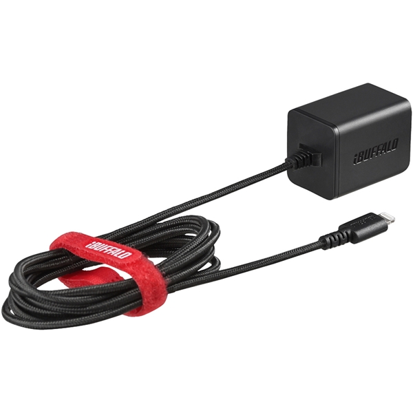 2.4A USB急速充電器 Lightningケーブル一体型タイプ 2.5m ブラック