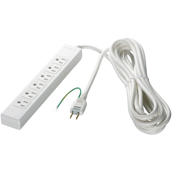 3ピン式電源タップ 6個口タイプ マグネット付 2m ホワイト