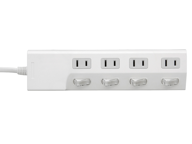 2ピン式電源タップ 8個口タイプ 雷サージ防止/個別スイッチ4個付 1.5m ホワイト
