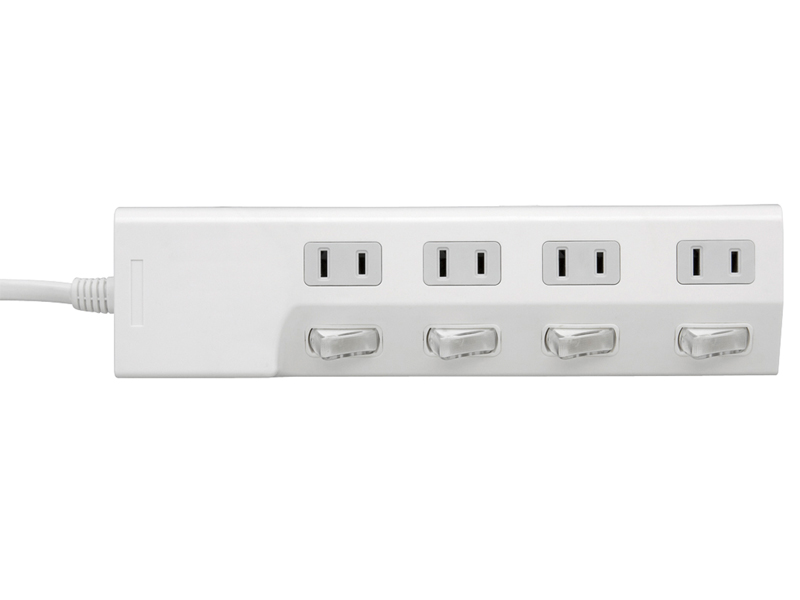 2ピン式電源タップ 8個口タイプ 雷サージ防止/個別スイッチ4個付 3m ホワイト