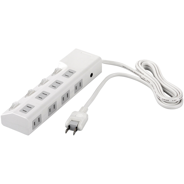 2ピン式電源タップ 8個口タイプ 雷サージ防止/個別スイッチ4個付 3m ホワイト