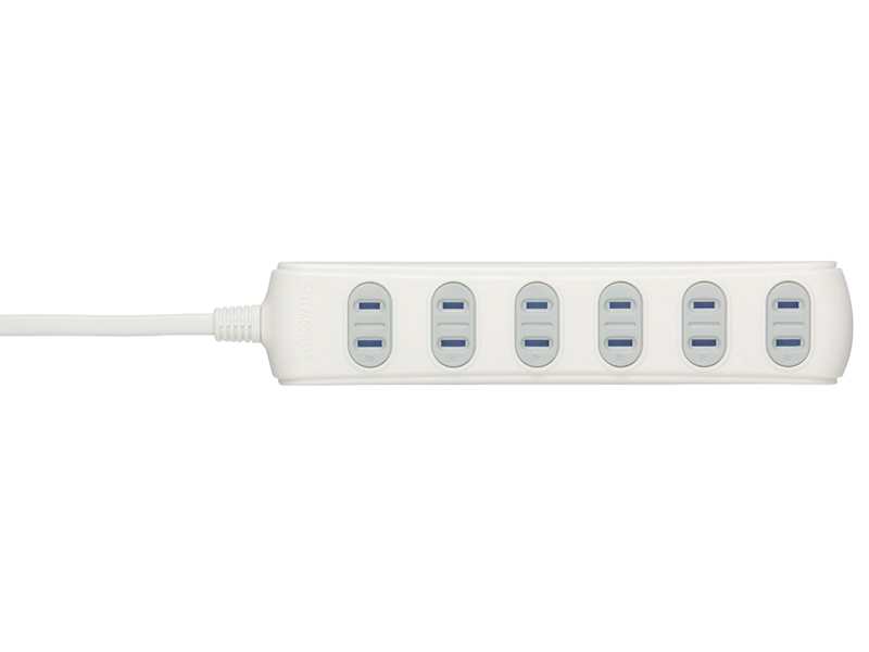 2ピン式電源タップ 6個口タイプ シャッター付 1m ホワイト