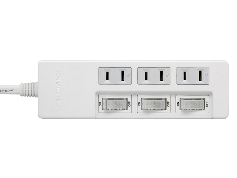 2ピン式電源タップ 3個口タイプ 雷サージ防止/個別スイッチ付 1m ホワイト