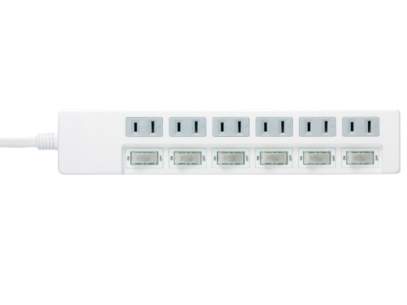 2ピン式電源タップ 6個口タイプ 雷サージ防止/個別スイッチ付 2m ホワイト