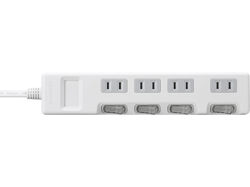 2ピン式電源タップ 個別スイッチ/ほこり防止シャッター付/4個口/3.0m ホワイト