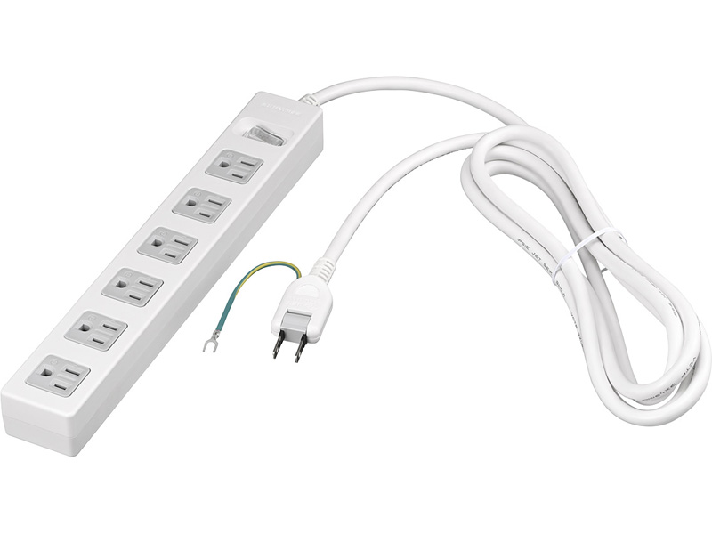 3ピン式電源タップ 集中スイッチ 2重構造 6個口/2.5m ホワイト