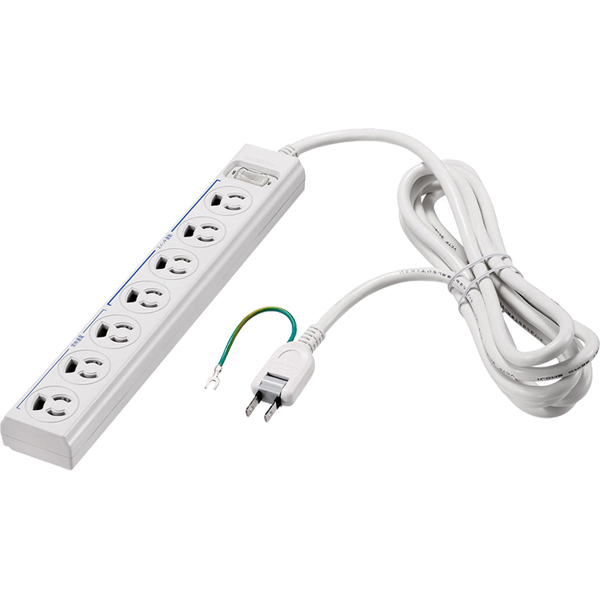 3ピン式電源タップ 7個口 2m ホワイト 常時 通電スイッチ付