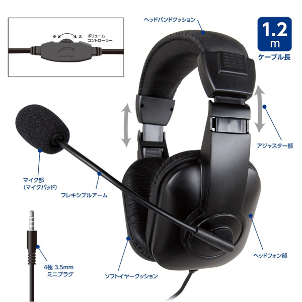 Digio2 4極 ヘッドセット ヘッドバンドクッション ソフトイヤークッション ブラック