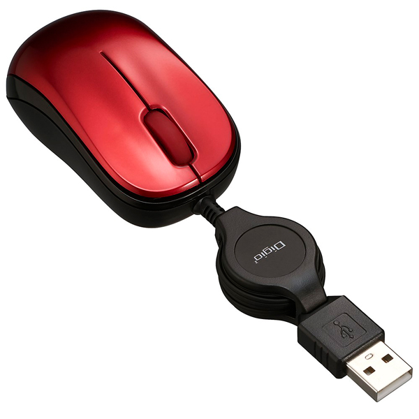 マウス 小型 巻取 有線 3ボタン BlueLED レッド