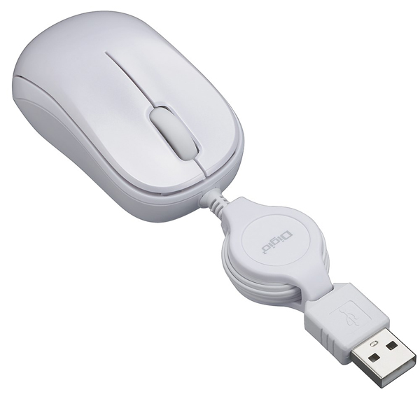 マウス 小型 巻取 有線 3ボタン BlueLED ホワイト