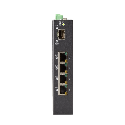 INDRy 産業用スイッチ 4ポート 管理機能なし DC電源 10/100/1000BaseT(PoE+)x4 SFPx1