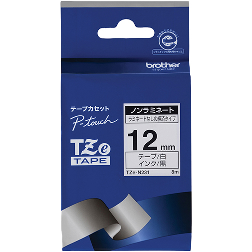 【ブラザー純正】ピータッチ ノンラミネートテープ TZe-N231 幅12mm (黒文字/白/ノンラミネート)