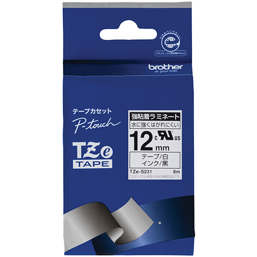 【ブラザー純正】ピータッチ ラミネートテープ TZe-S231 幅12mm (黒文字/白/強粘着)