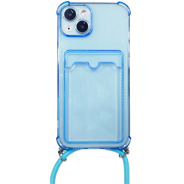 iPhone 13対応 クリア（ブルー）ケース/ロングストラップ/カードポケット付