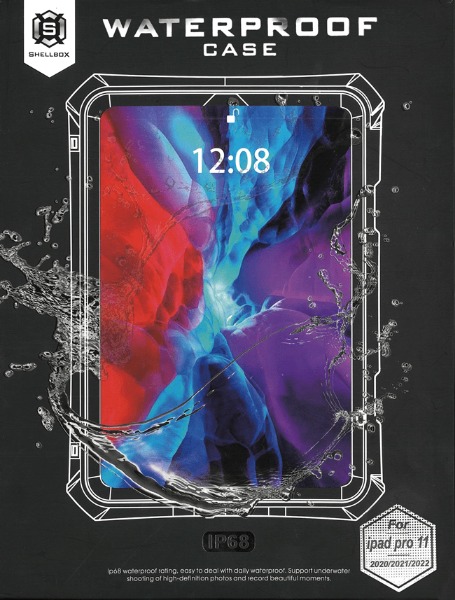 【耐衝撃・防塵防水】11インチiPad Pro 第2～4世代用 IP74ケース  二重リング付きフック式ストラップ・回転ハンドベルト付スタンド付属