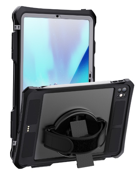【耐衝撃・防塵防水】11インチiPad Pro(M4)用 IP68ケース 二重リング付きフック式ストラップ・回転ハンドベルト付スタンド付属