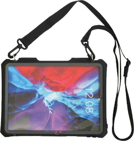 【耐衝撃・防塵防水】11インチiPad Pro(M4)用 IP68ケース 二重リング付きフック式ストラップ・回転ハンドベルト付スタンド付属
