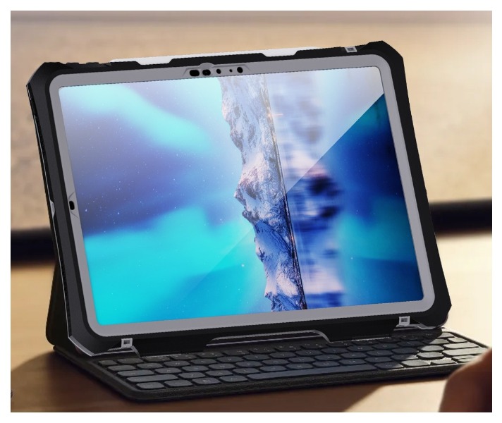 【耐衝撃・防塵防水】11インチiPad Pro(M4)用 IP68ケース 二重リング付きフック式ストラップ・回転ハンドベルト付スタンド付属