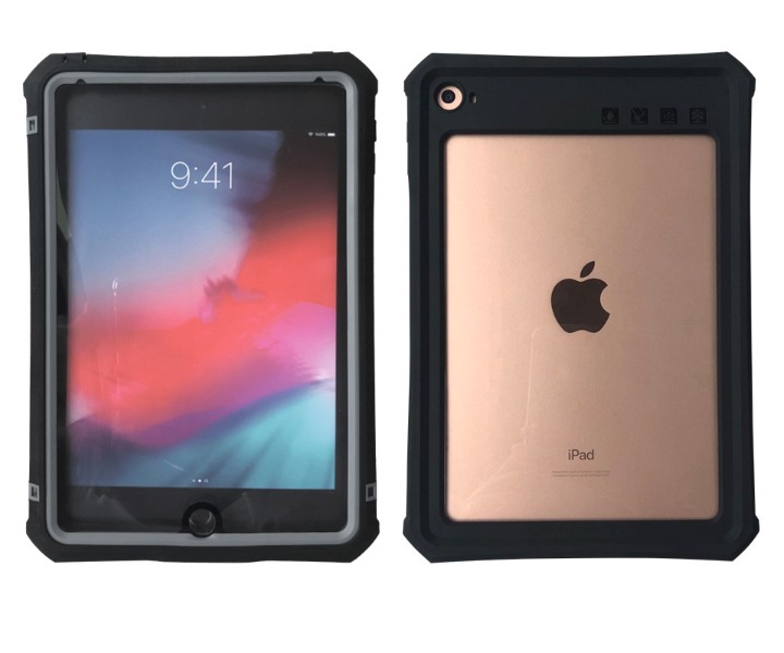 【耐衝撃・防塵防水】iPad mini4～5用 IP68ケース 細ストラップ、細長スタンド付属