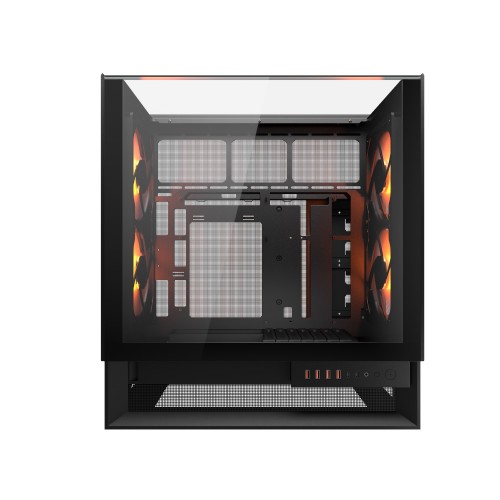 OmnyX/ミドルタワーケース/ブラック/ピラーレスデザイン/左右対称デザインで設置方向を選ばない/160mmファン4基標準搭載/背面コネクタMB対応