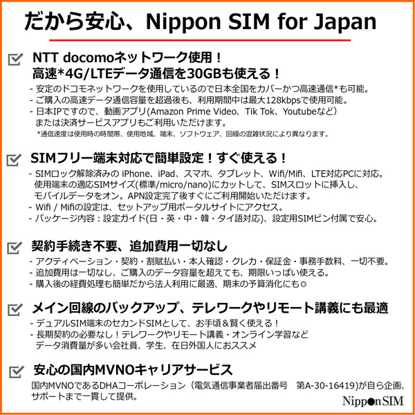 Nippon SIM for Japan 標準版 180日 30GB 日本国内用プリペイドデータSIMカード(事務手続一切不要・SIMカード同梱・簡単設定/即利用OK)