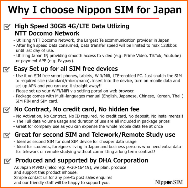 Nippon SIM for Japan 標準版 180日 30GB 日本国内用プリペイドデータSIMカード(事務手続一切不要・SIMカード同梱・簡単設定/即利用OK)