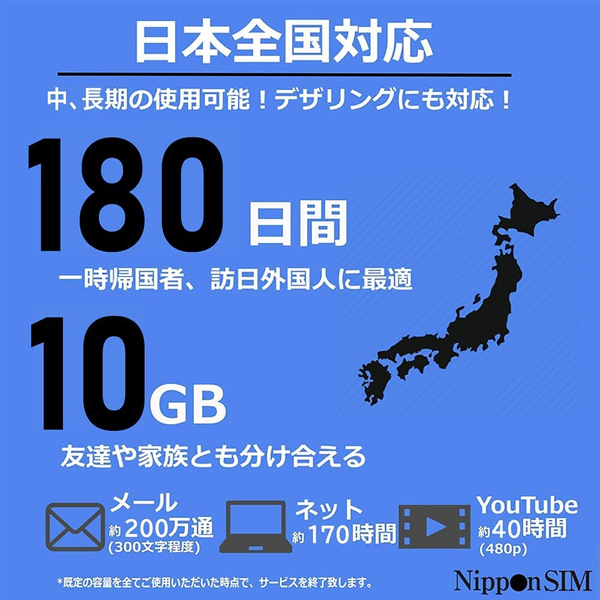 Nippon SIM for Japan 標準版 180日 10GB 日本国内用プリペイドデータSIMカード(事務手続一切不要・SIMカード同梱・簡単設定/即利用OK)